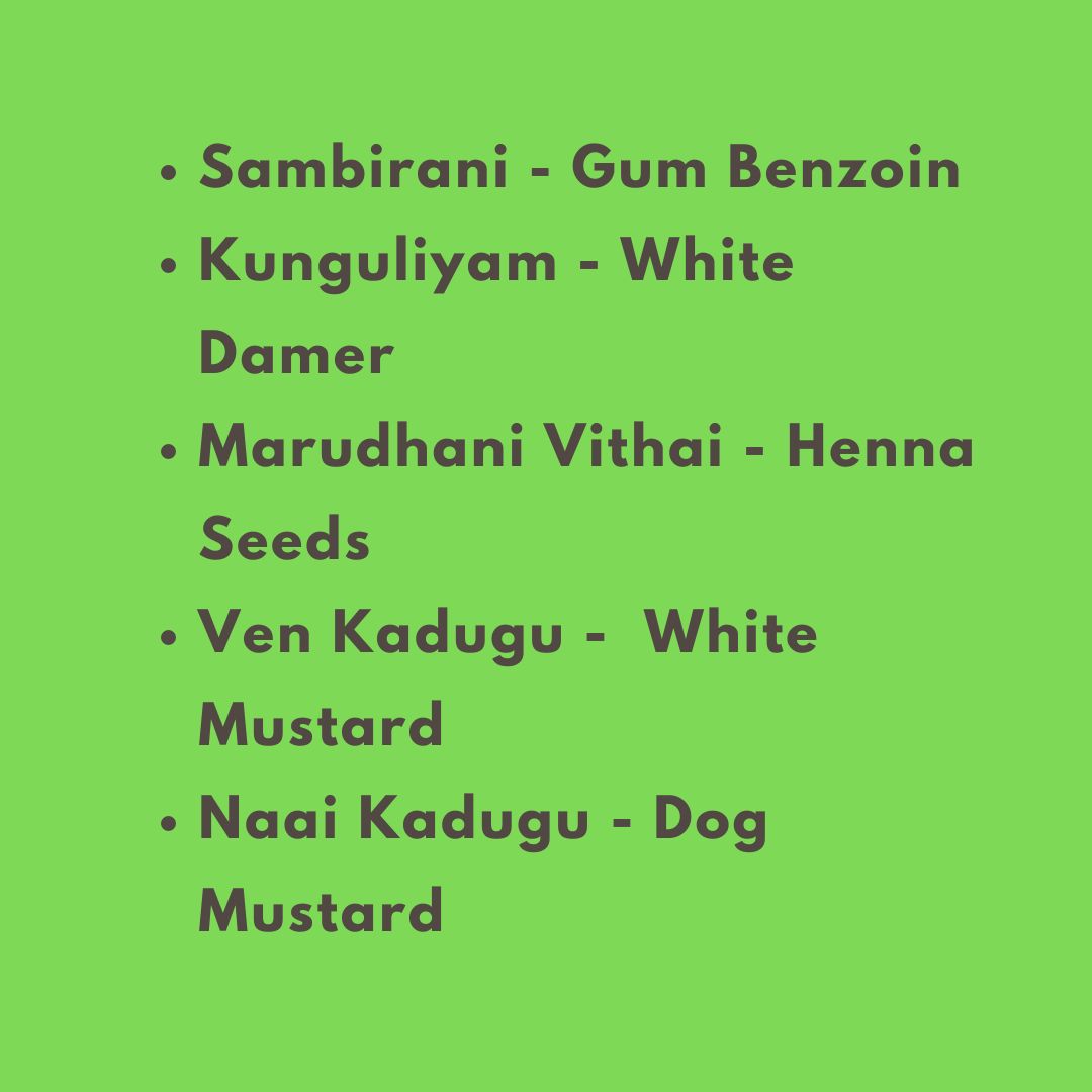 Sambirani Combo - Sambirani - White Mustard - Vellai Kunguliyam - Naai kadugu - Marudhani Vithai